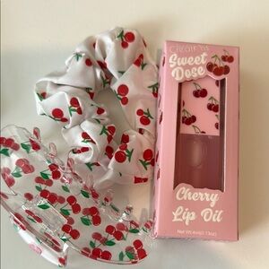 Cherry Print Hair Clip and Scrunchie Set with Lip Oil